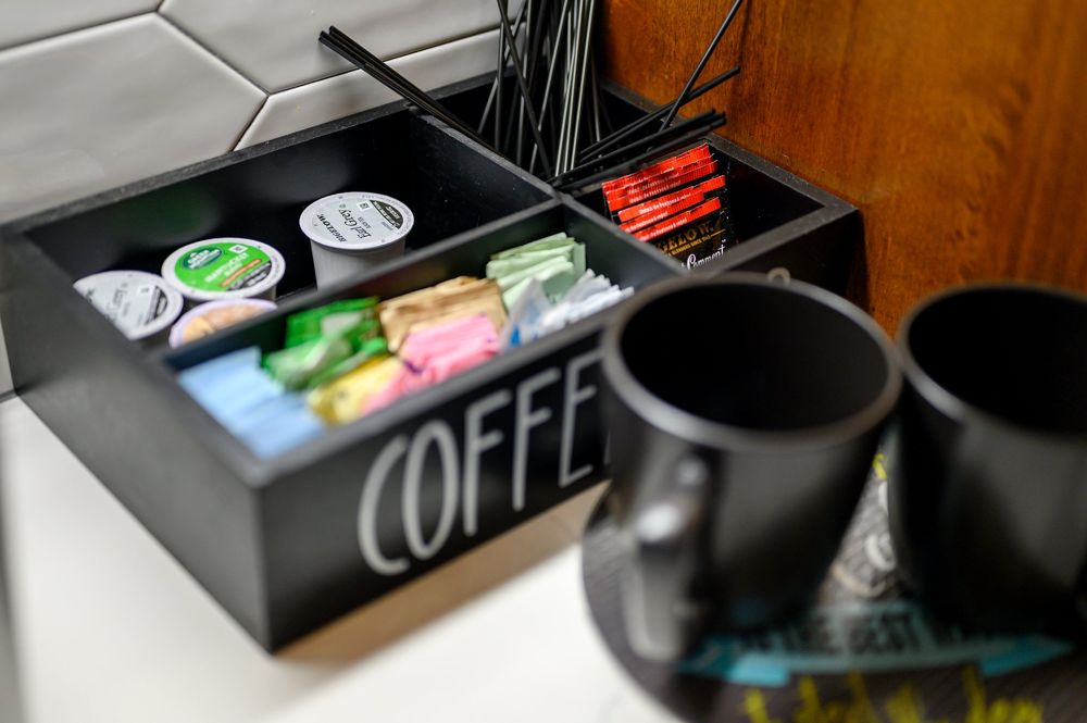 Coffee station with mugs and pods