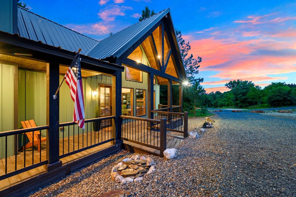 Front entry with flag at sunset