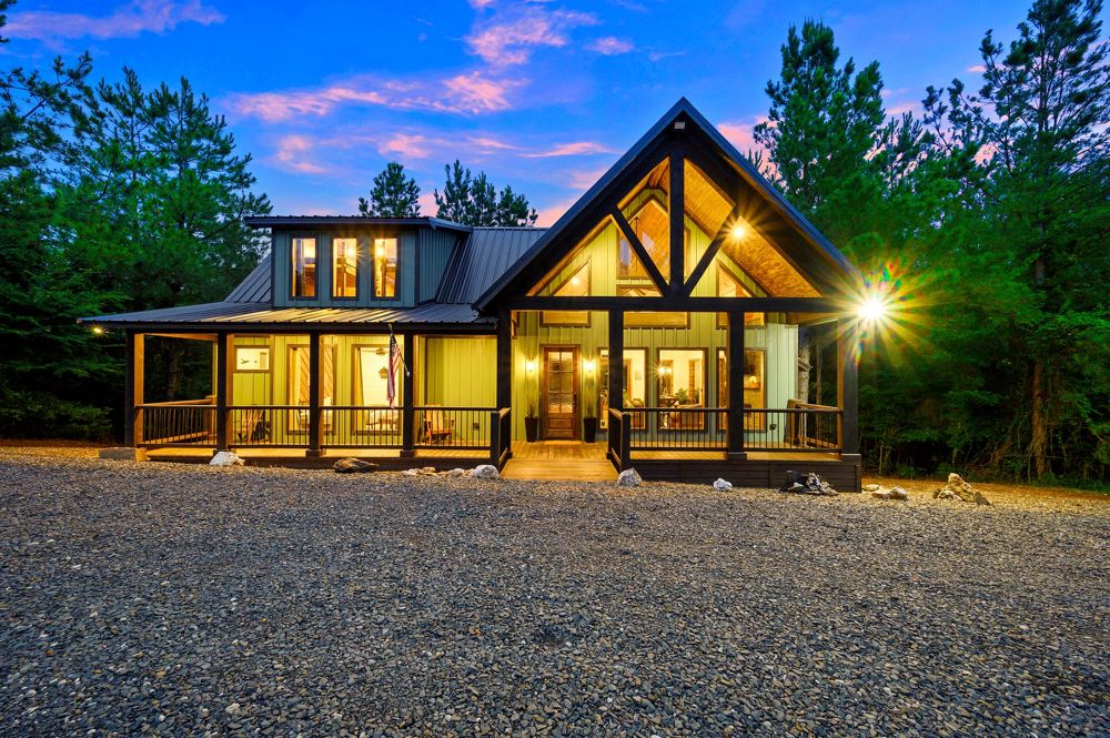 Cabin exterior among tall pines
