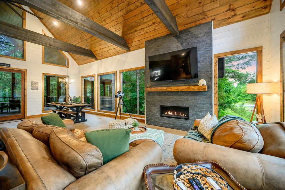 Great room seating and fireplace from another angle